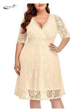 Plus Size Lace Midi Dress Fit Flare V Neck Wedding Guest